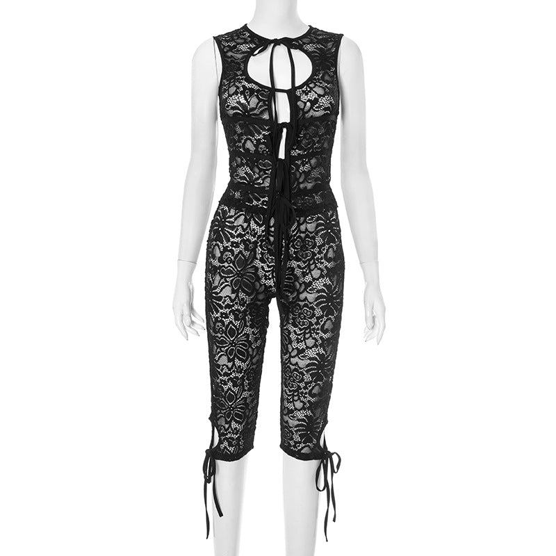 Lace Hollow Out Tie Front Vest High Waist Shorts Sexy Summer Two Piece Set 7