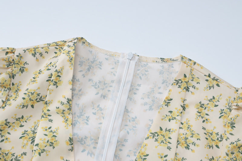 Women French Floral Sexy Chic V-neck Puff Sleeve Pleated Skirt 14