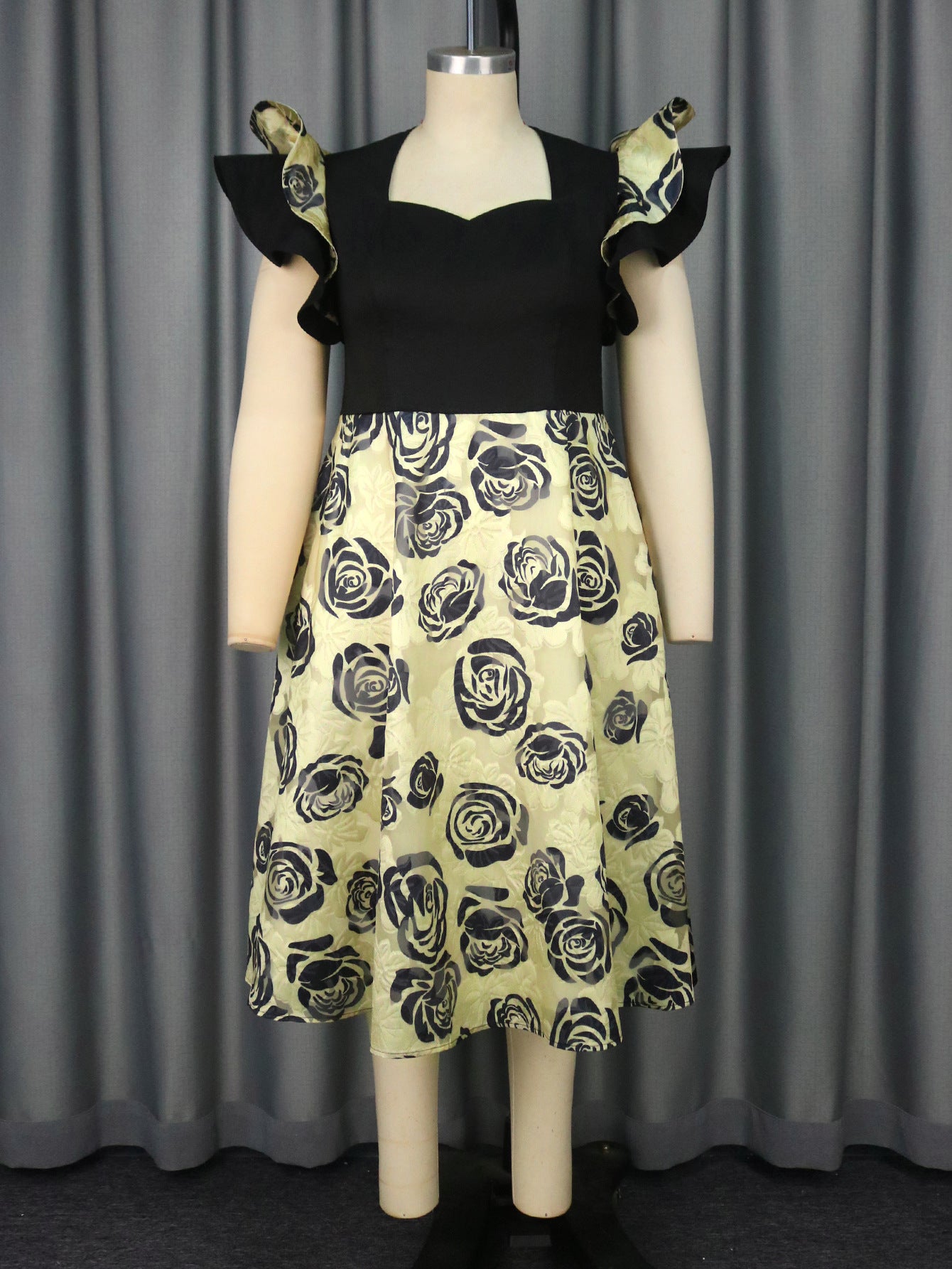 Women square neck Ruffle Sleeve rose jacquard Formal Party Dress 4