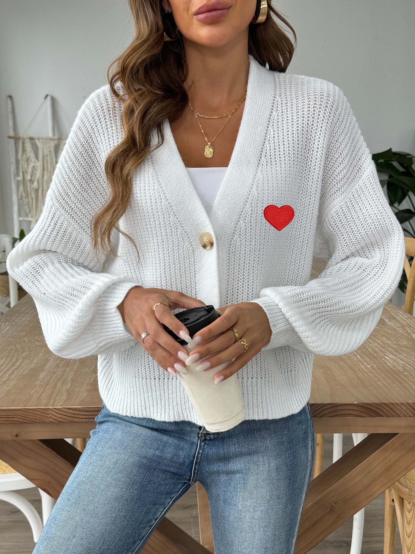 Ladies Knitted Cardigan Sweater Women's Autumn Winter Heart Embroidery Short Button Coat 9