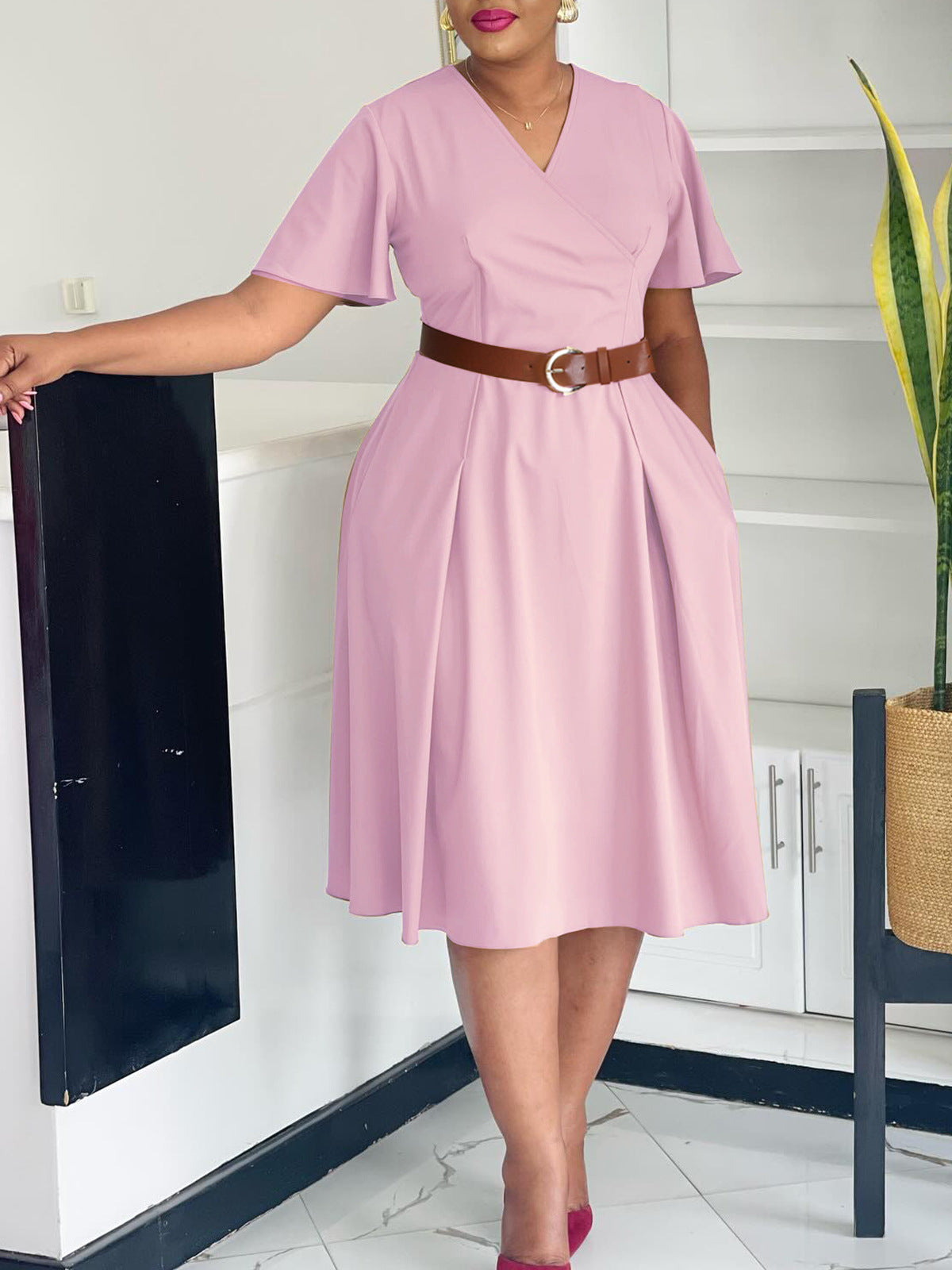 Plus Size Women Elegant Solid V-Neck Bell Bottom Sleeve African Dress 9