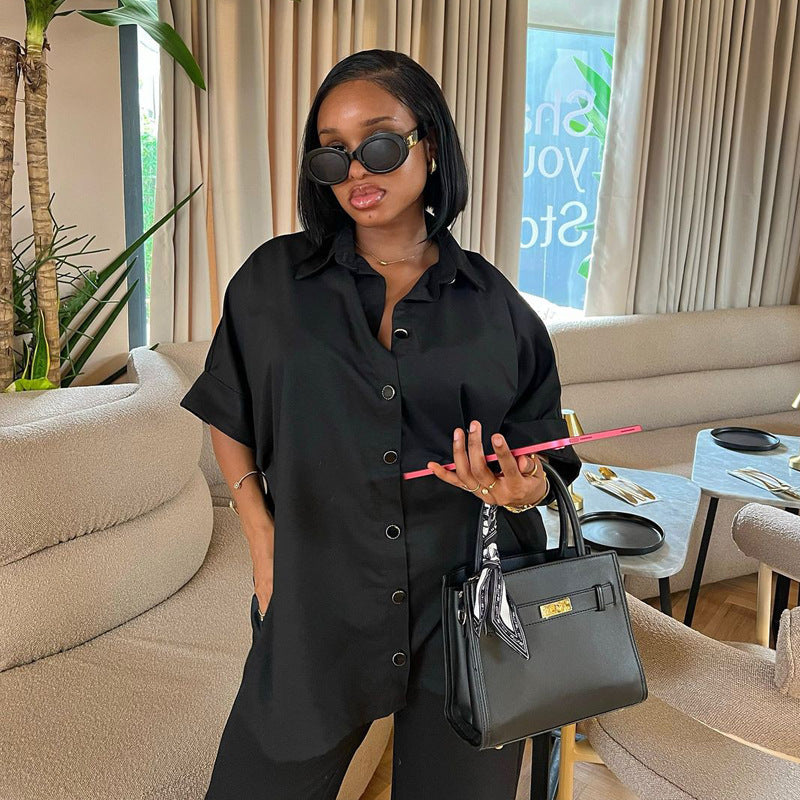 Fashion Spring Summer Casual Shirt Wide Leg Trousers Women Two-Piece Set 5