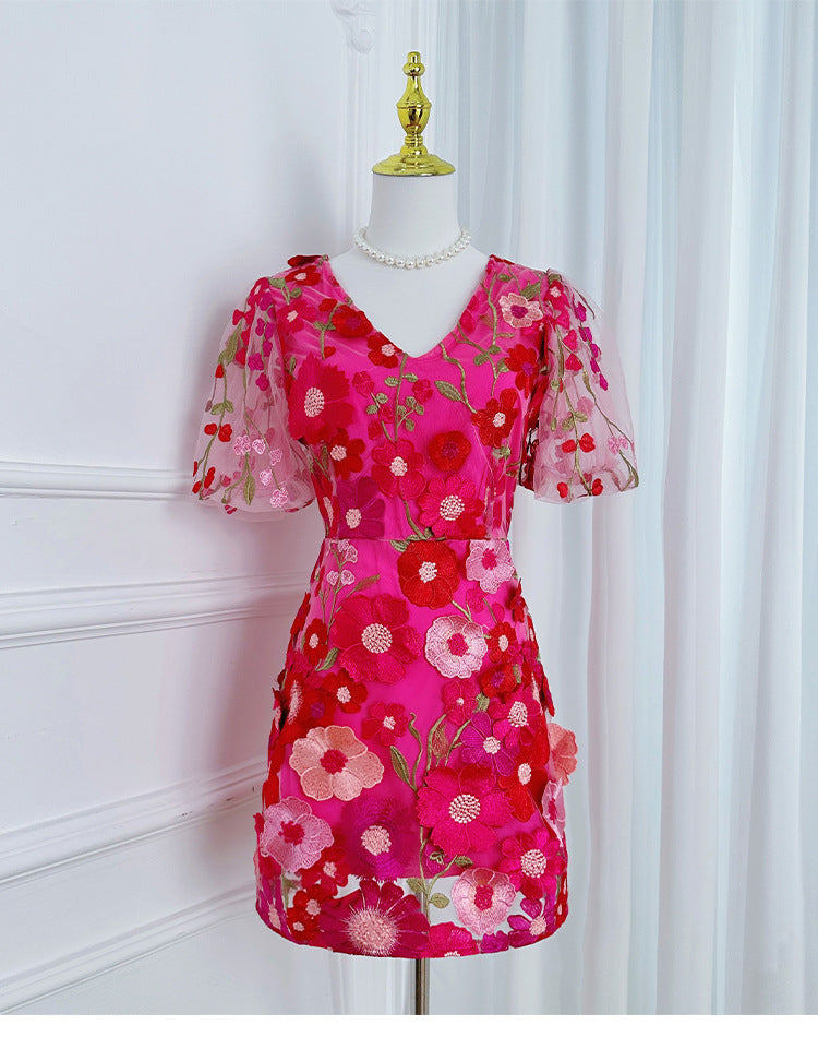 Women's  Luxury Embroidery Mesh Puff Sleeve Slim Waist Short Chic Dress 32