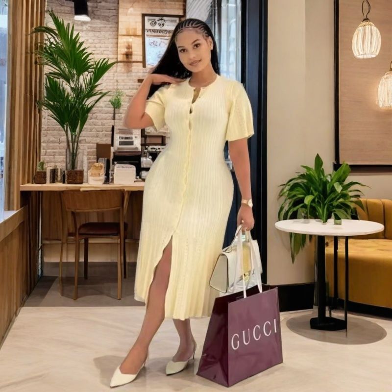 Women Bell Bottom Sleeve Knitting Round Neck Dress 3