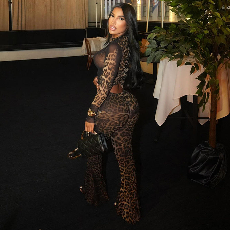 Autumn Fashion Sexy Trend Leopard Print High Waist Two Piece Pants Set 5
