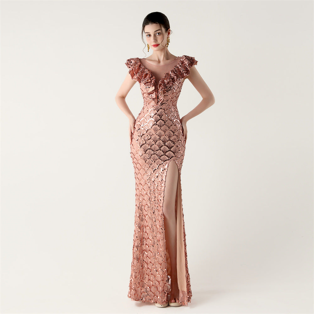 Sequined Ruffled Shoulder Sleeve Fishtail Slim Evening Dress for Formal Parties 15