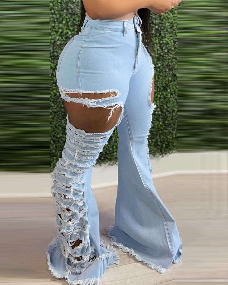 Women Ripped Bell Bottom Denim Pants 4