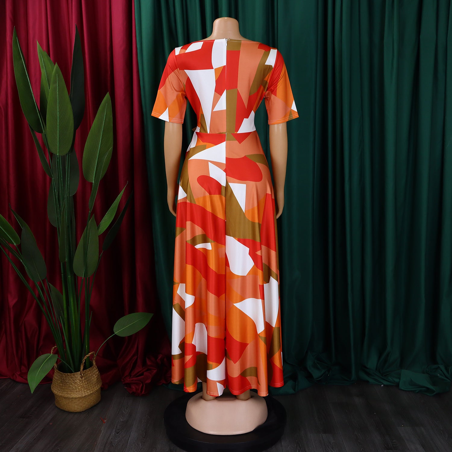 Women's Fashion Chic Tie-Waist African Plus Size Short Sleeve A-Line Dress 39