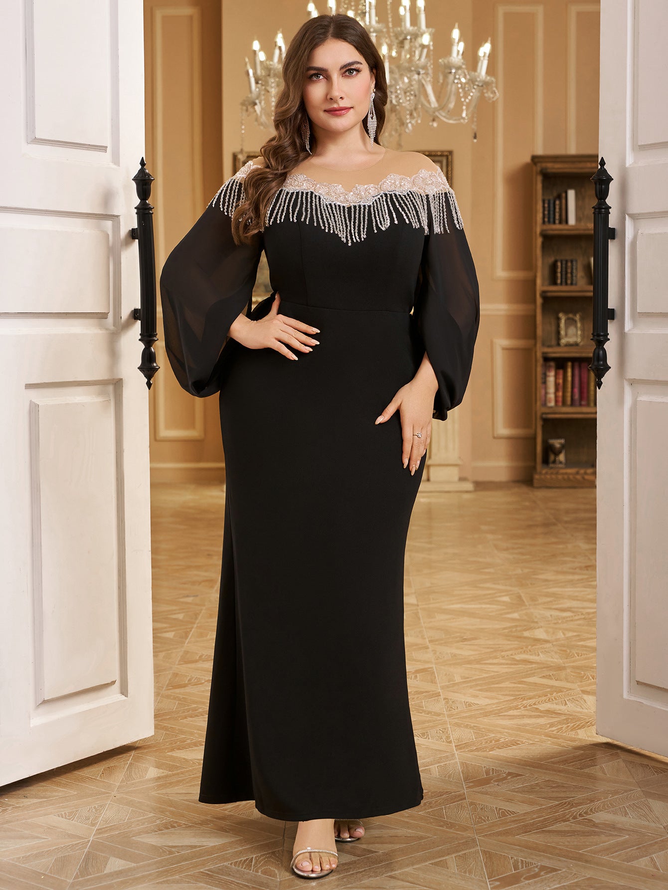 Women Round Neck Irregular Long Sleeve Light Luxury Beaded Bodycon Dinner Dress