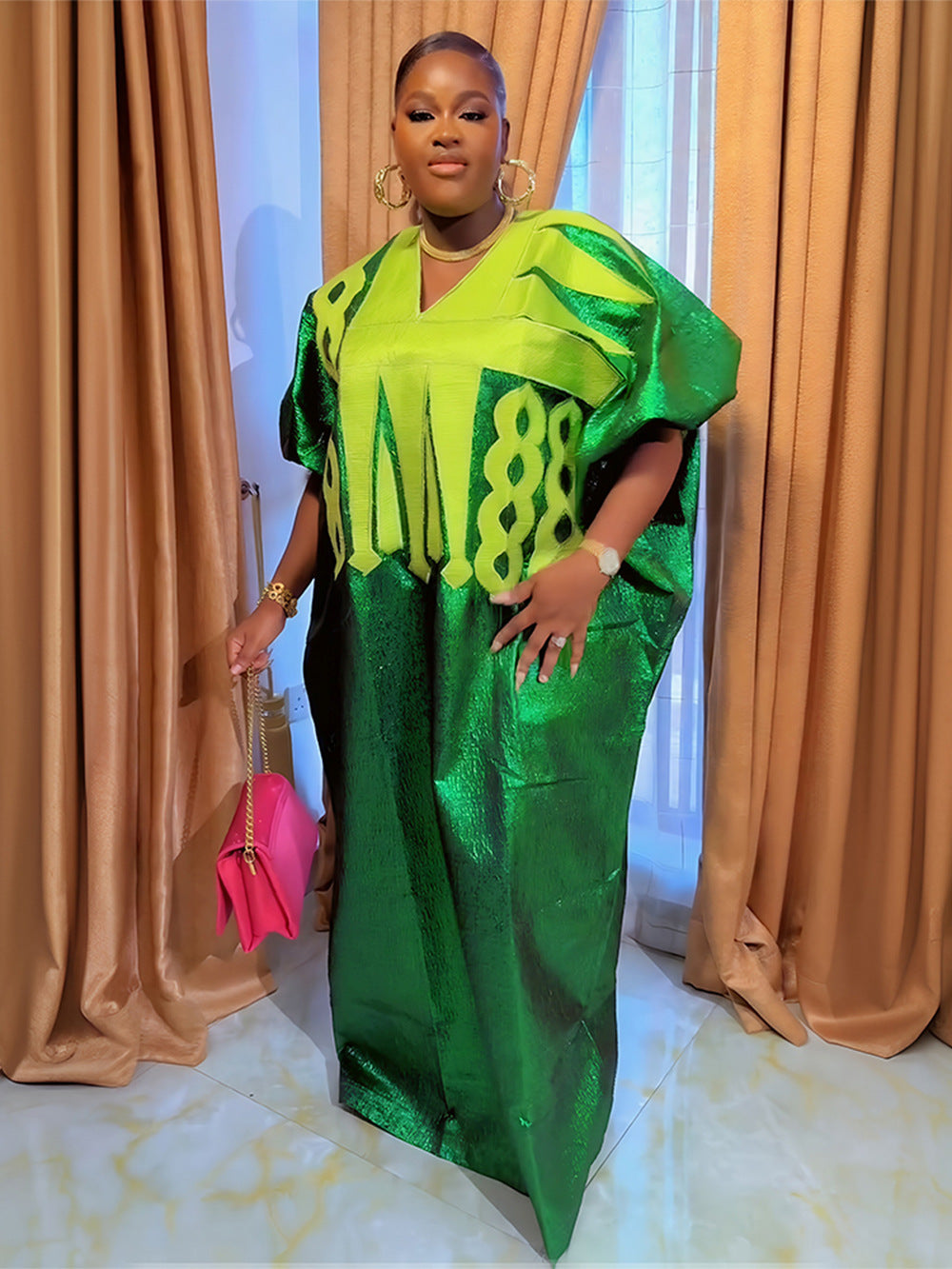 Muslim V-Neck Long Dress African Plus Size Women's Dubai Embroidered Robe Headscarf 6