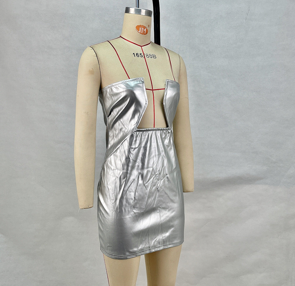 Women's Pu Leather Strapless Sexy Low Back Bodycon Dress 6