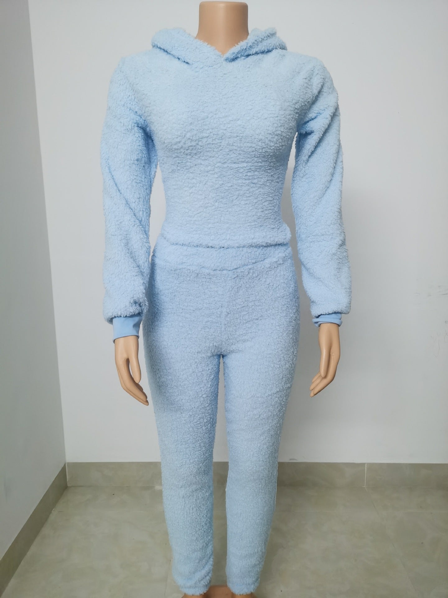 Plus Size Women Sherpa Backless Hood Top and Pant Two Piece Set 12