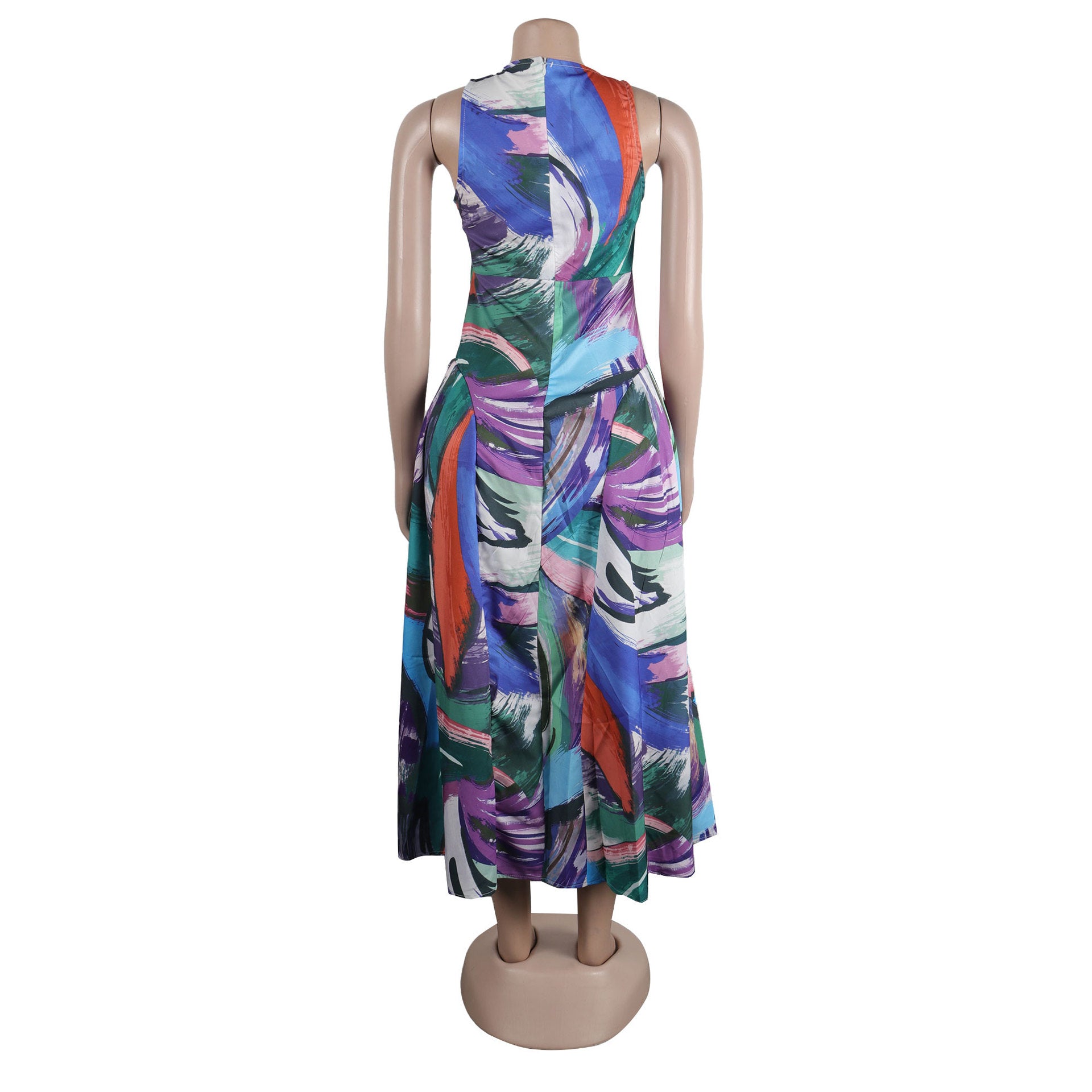 Fashion Sexy Slim Fit Hollow Printed Patchwork Sleeveless A-Line Dress 12