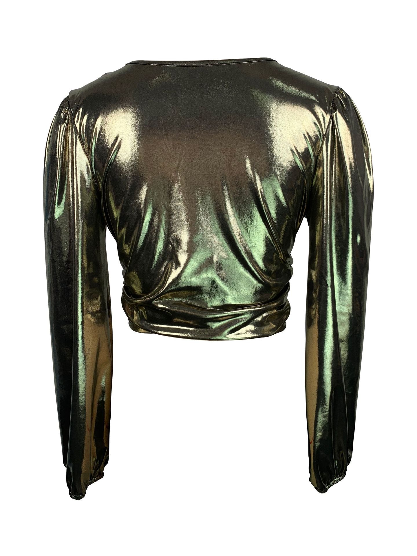 Fashionable Plus Size Women's V-Neck Long Sleeve Gathered Slim Waist Balloon Sleeve Top 12