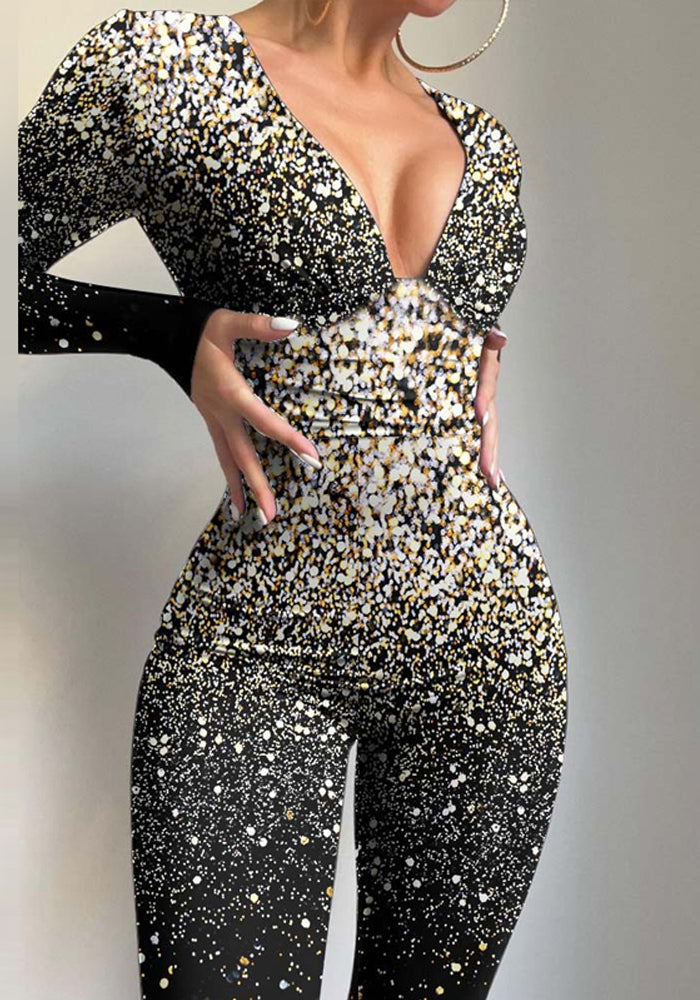 Women's Black Low Neck Sexy Tight Fitting Jumpsuit