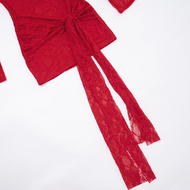 Autumn Women's Solid Color Lace-Up Sexy Lace Long Sleeve Ribbon Short Dress 22