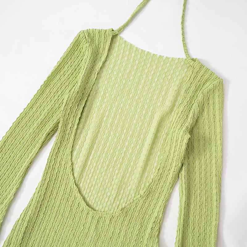 Women's Summer Solid Color Low Back Long Sleeve Slim High Waist Knitting Short Dress 19