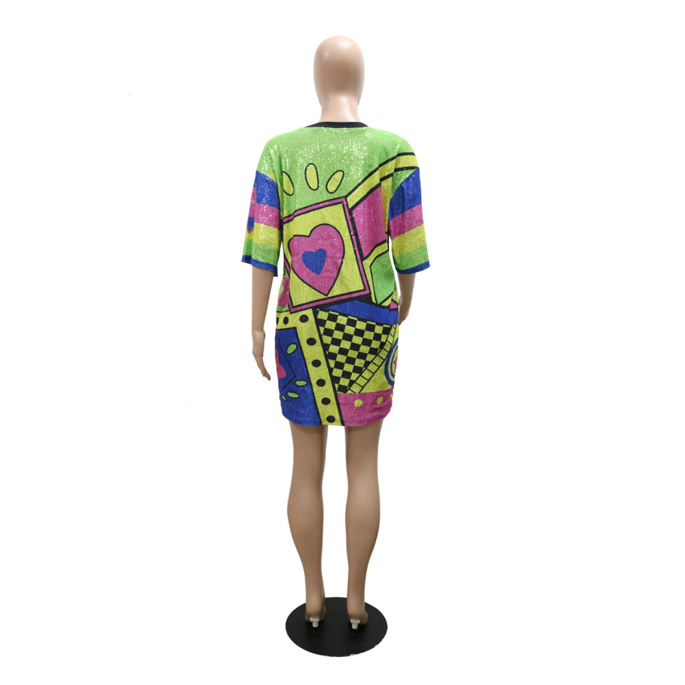 Trendy Round Neck Half Sleeve Loose Sequin Print Party Sequined Nightclub Style Women's Dress 18