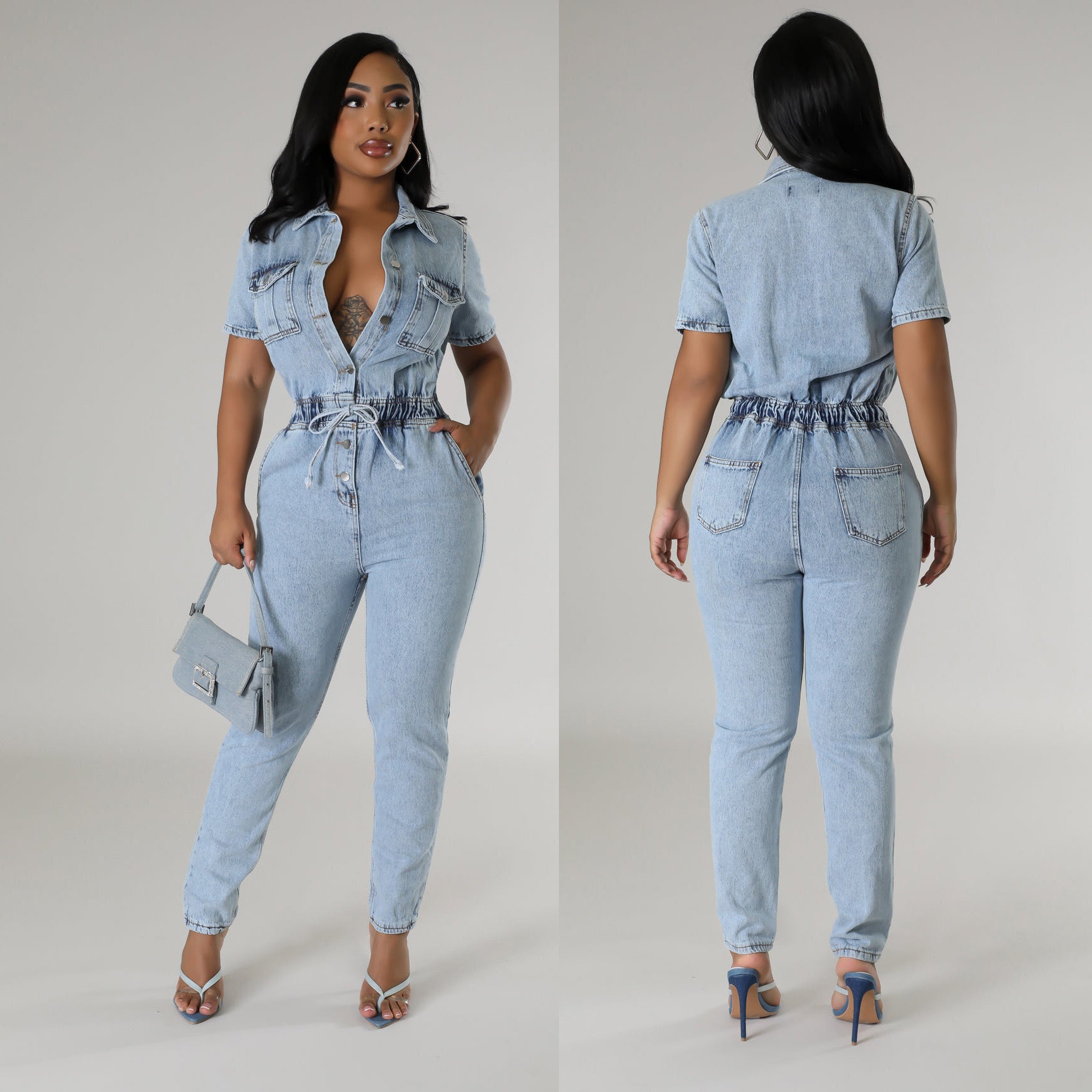 Women Stretch Washed Denim Short Sleeve Jumpsuit 3