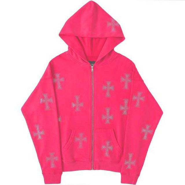 Women Autumn Loose Cross Beaded Zipper Hoodies 9