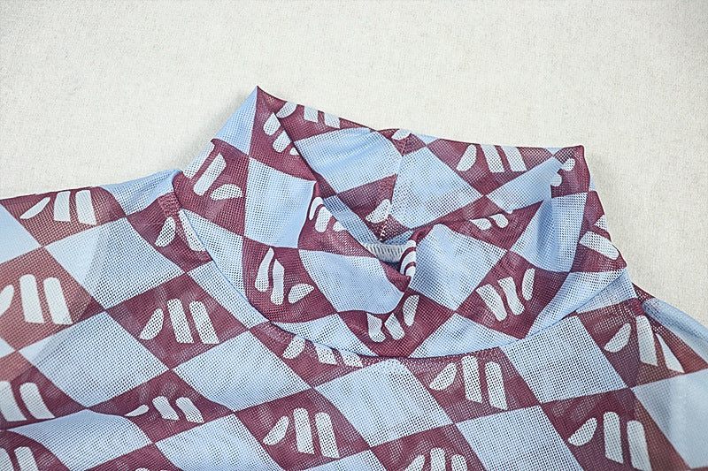 Women's Chic Semi-Sheer Printed High Neck Long Sleeve Fitted Bodycon Dress 11