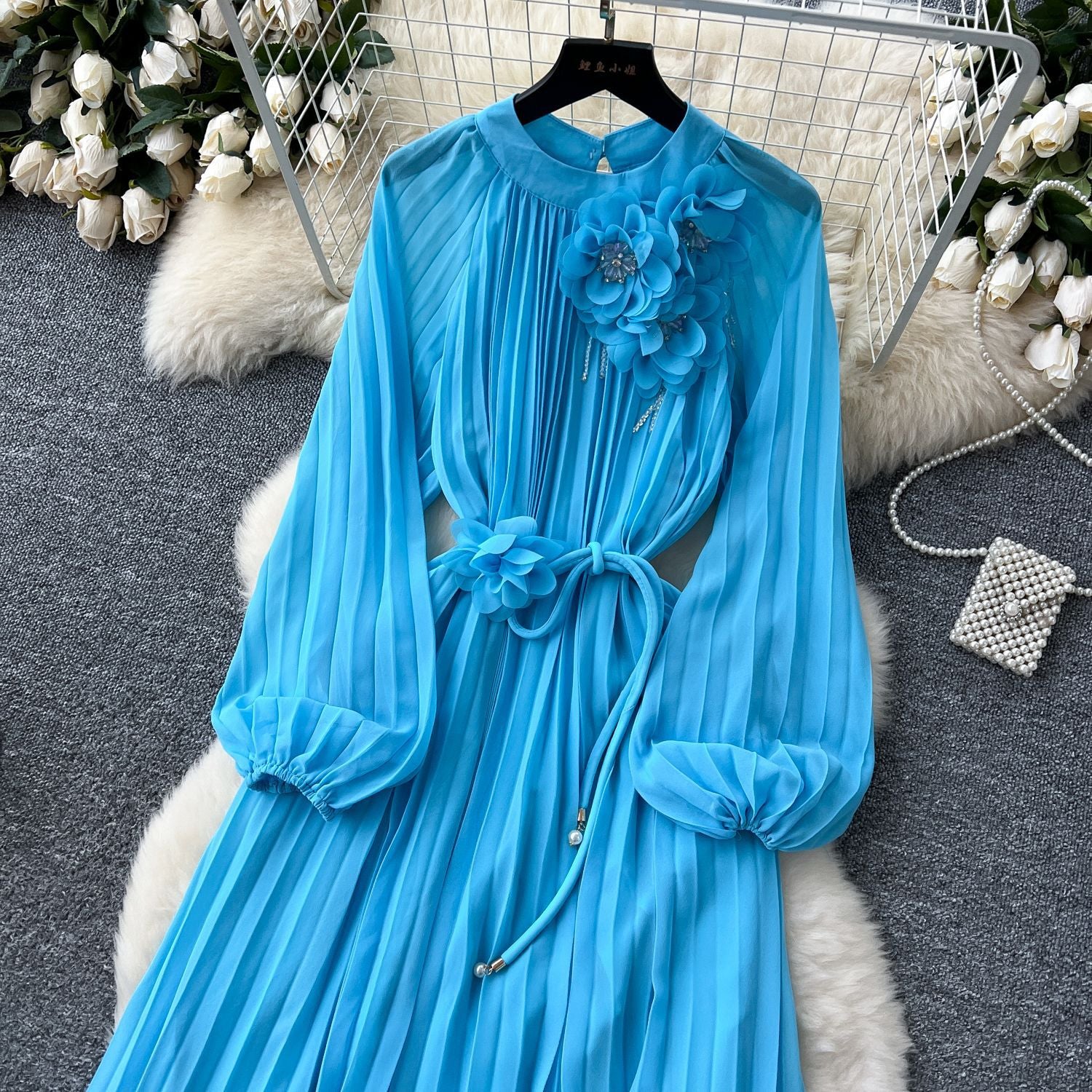 Elegant Women's Luxury Beaded Flower Belt Slim Waist Pleated Long Dress 23