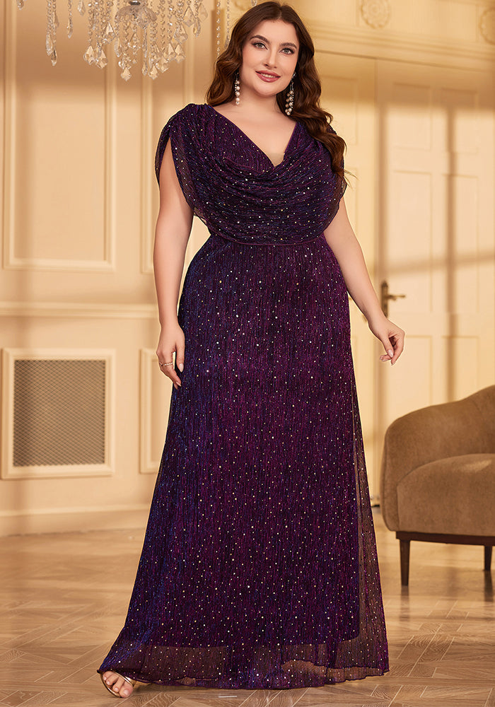 Plus Size Long Formal Party Evening Gown Elegant Pleated Mesh Shiny See-Through Prom Dress