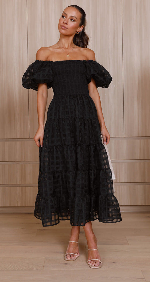 Off-Shoulder Lantern Sleeve Layered Patchwork Maxi Dress 7