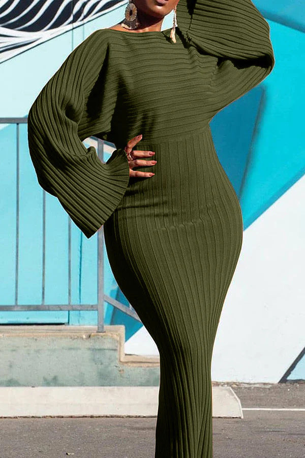 Spring Long Sleeve Solid Color Ribbed Bodycon Dress 8