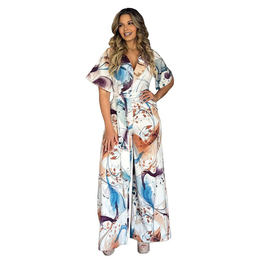 Women Print Lace Up V Neck Short Sleeve Jumpsuit 3