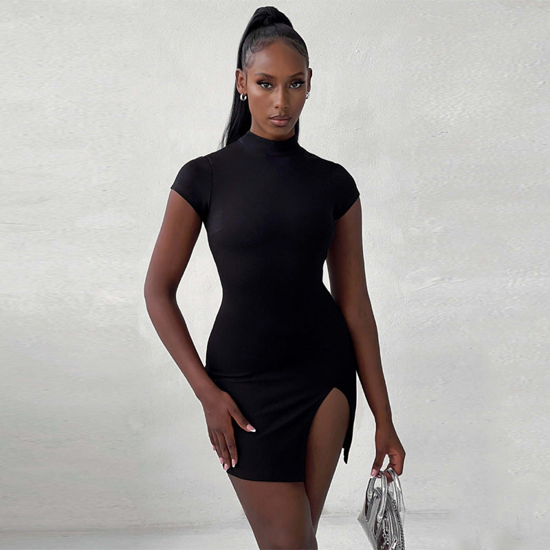 Women Summer Short Sleeve High Neck Sexy Backless Slit Lace Up Mini Dress 4