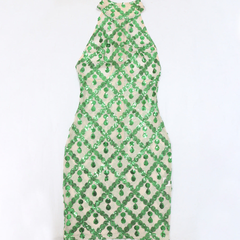 Fashionable Sleeveless Sequined Dress With Gloves 19