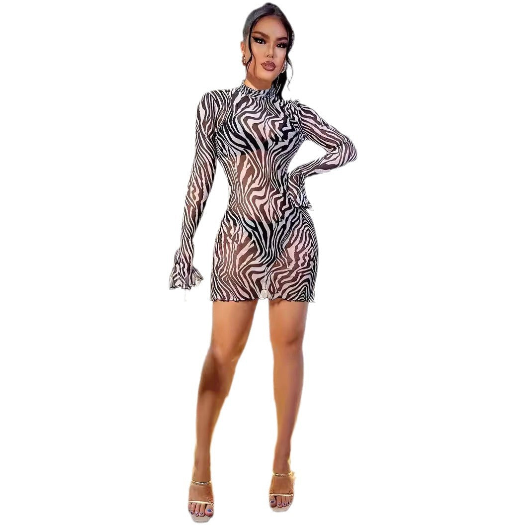 Women's Zebra Print ell Sleeves See Through Bodycon Mini Dress 5