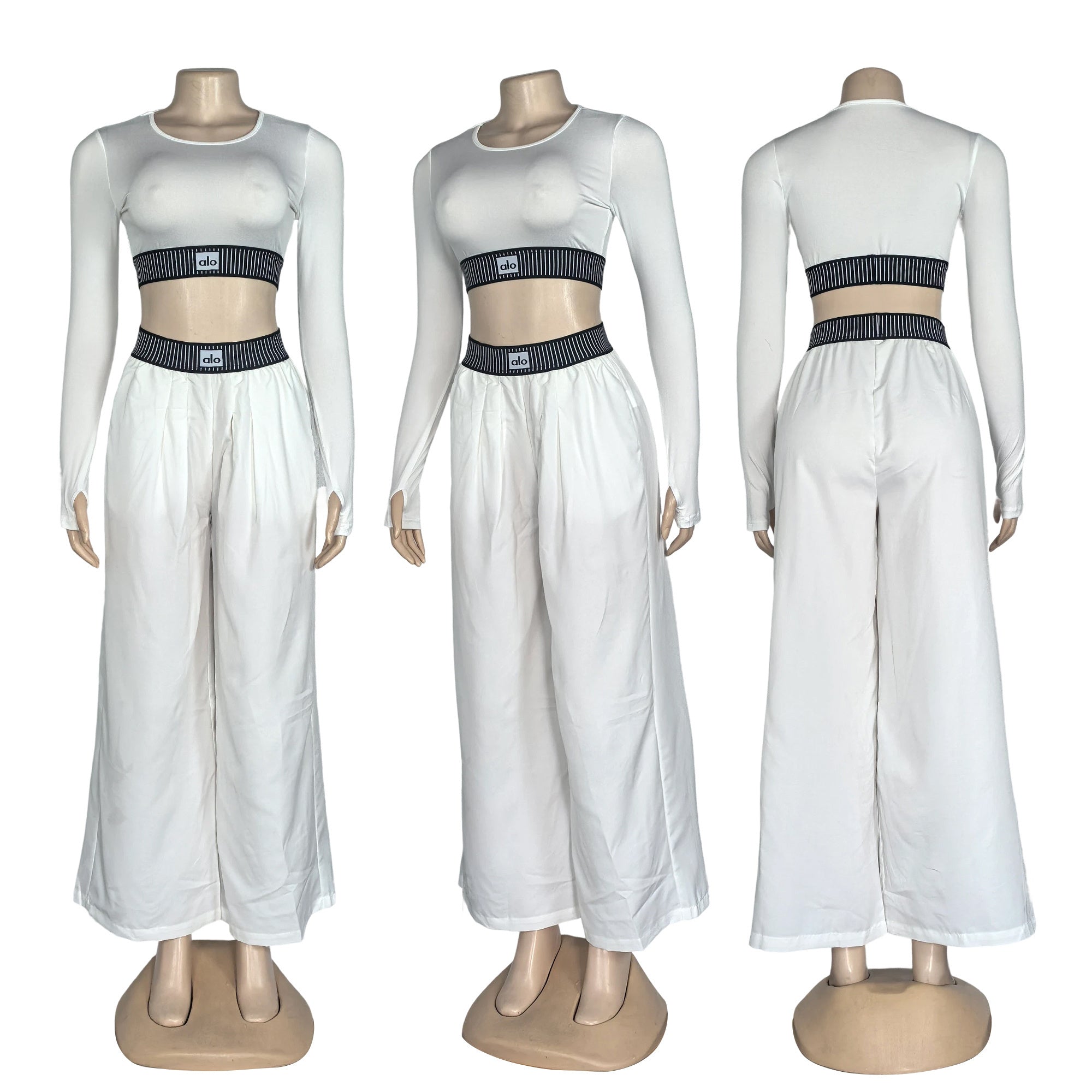 Women's Autumn Winter Fashion Long Sleeve Sexy Crop Top High Waist Loose Casual Straight Wide-Leg Pants Set 9