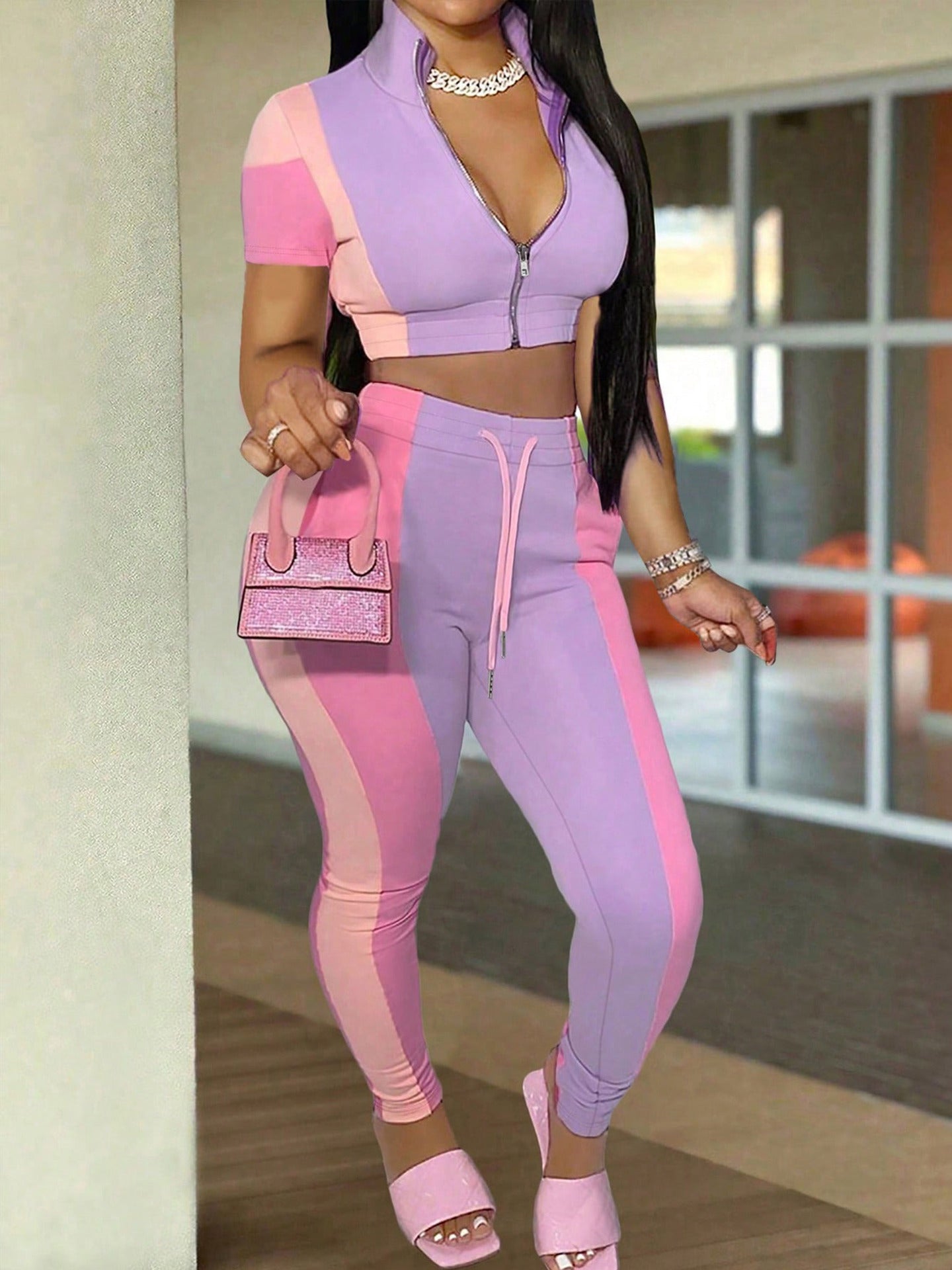 Women Colorblock Zippered Short-Sleeve Top and Casual Pocket Pants Two-Piece Set