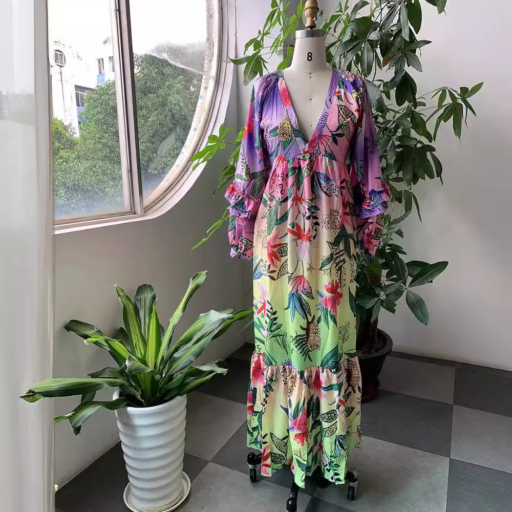 Women summer printed gradient ruffled v-neck sexy Maxi dress 4