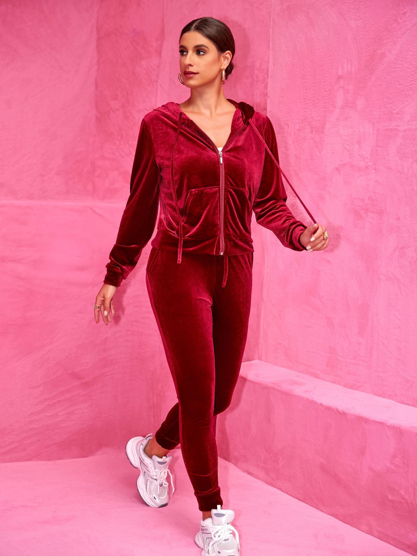 Fashion Velvet Hooded Zipper Hoodies Elastic Waist Trousers Two-Piece Set 11