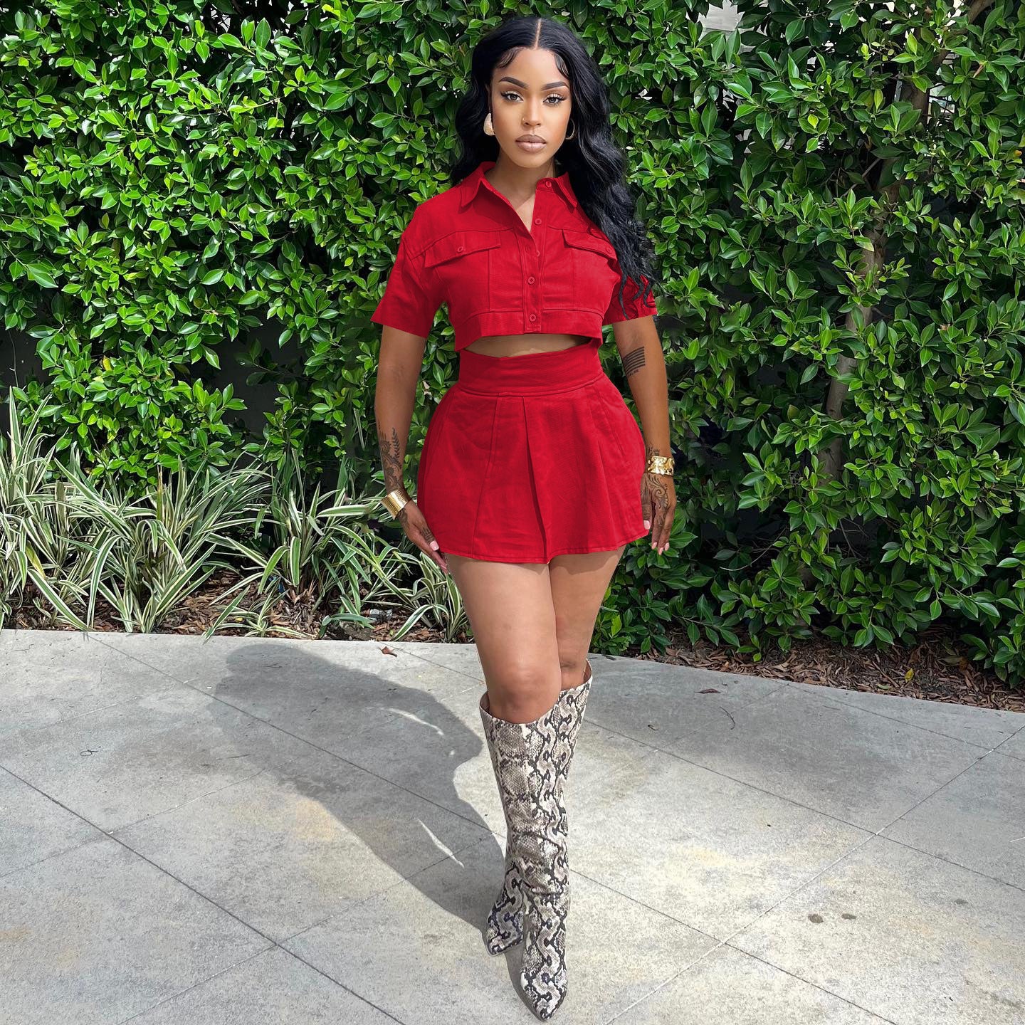 Women's Spring And Summer Cargo Style Short-Sleeved Shirt Mini Skirt Two-Piece Set