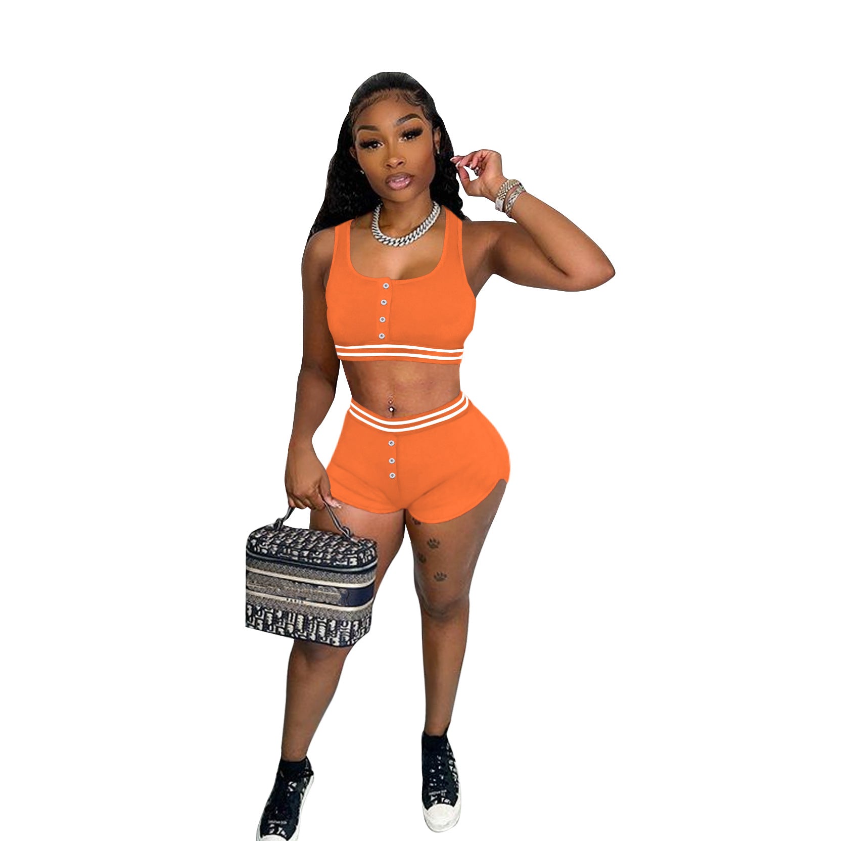 Ladies Solid Color Tank Top Shorts Sports Two Piece Set 14