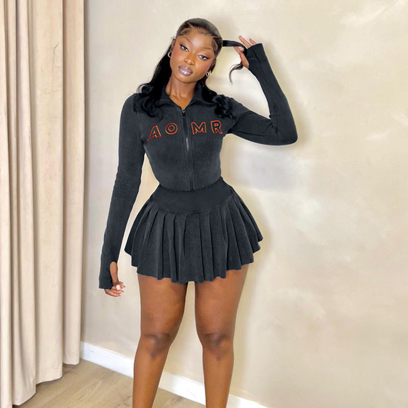 Embroidered Letter Half Turtleneck Crop Zipper Top + High Waist Pleated Skirt Casual Sports Two Piece Set For Women 3