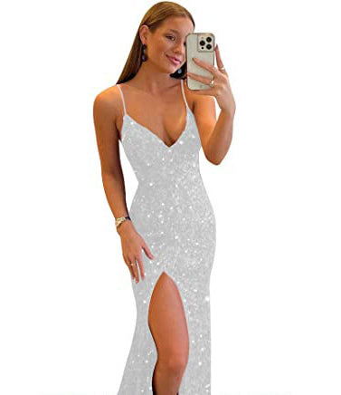 Luxury Sequin Strap Deep V Neck Low Back Formal Party Evening Dress（Processing time need 3-6 days）