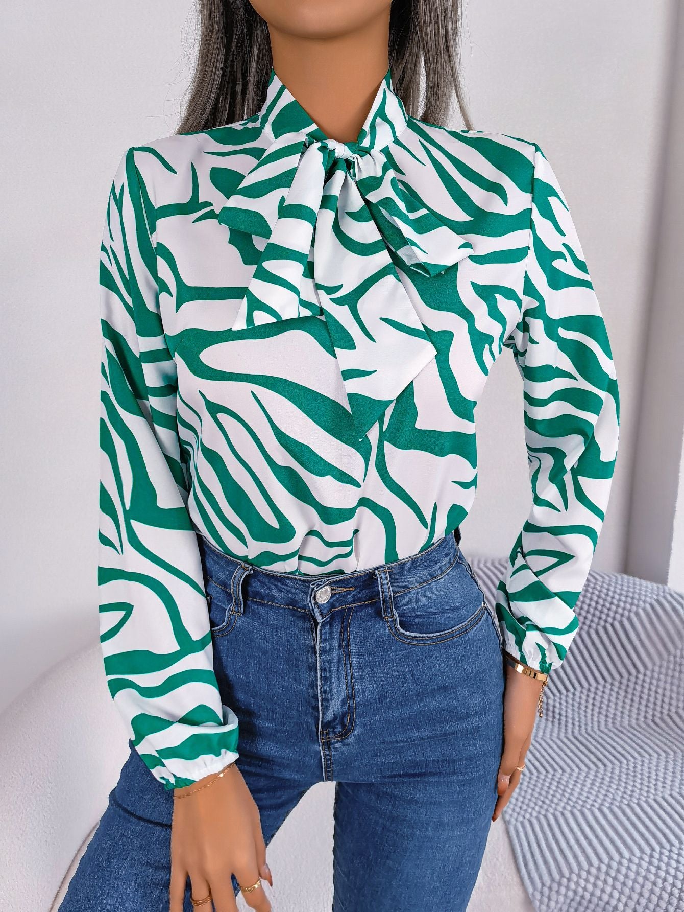 Autumn And Winter Chic Color Contrast Striped Tie Lantern Sleeve Chiffon Shirt Women's Clothing 7