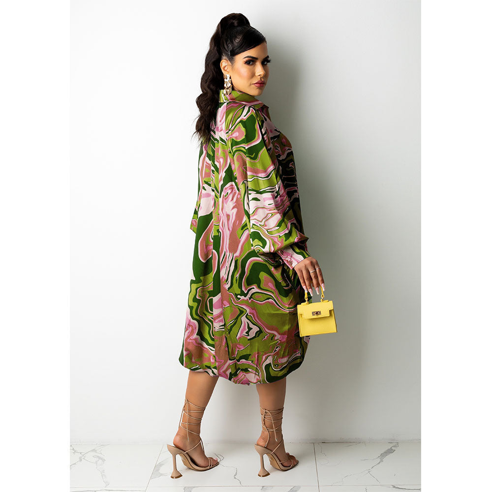 Ladies Printed Loose Drawstring Button Dress