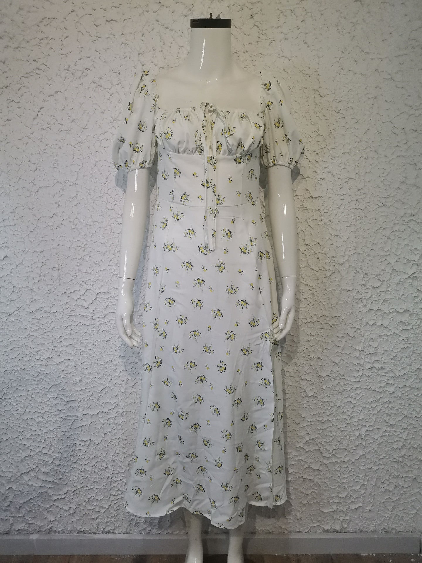 Women's summer fashion puff sleeve floral tie high slit long summer dress 16