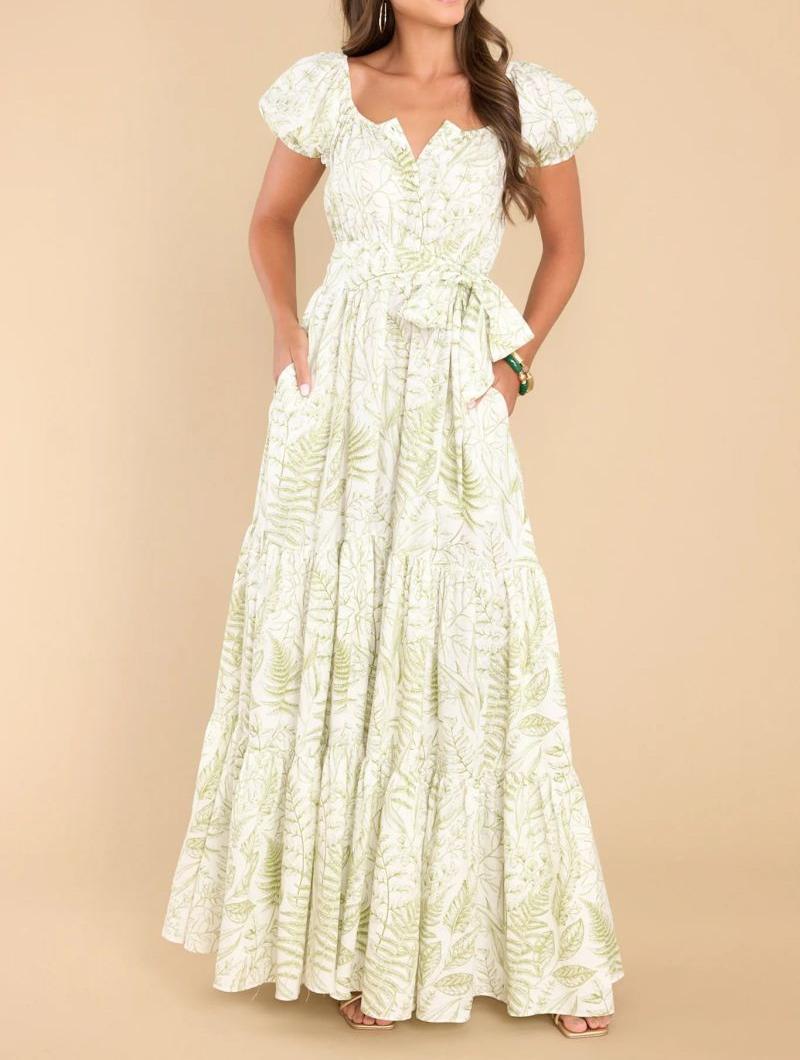 Spring Summer Printed Puff Sleeves Belt Chic Elegant Long Dress 3