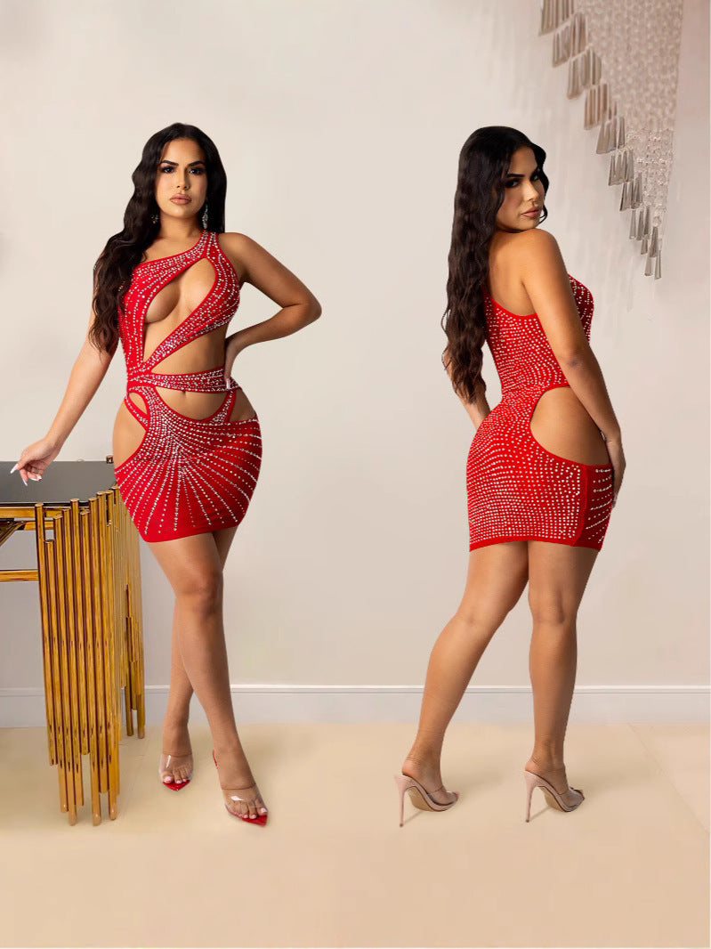 Women Solid Beaded one-shoulder hollow sexy dress