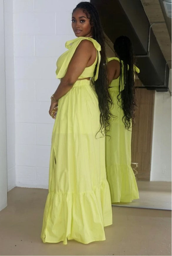 Women's Solid Color V-Neck Lace-Up Tank Top+Slit Long Skirt Two Piece Set 8