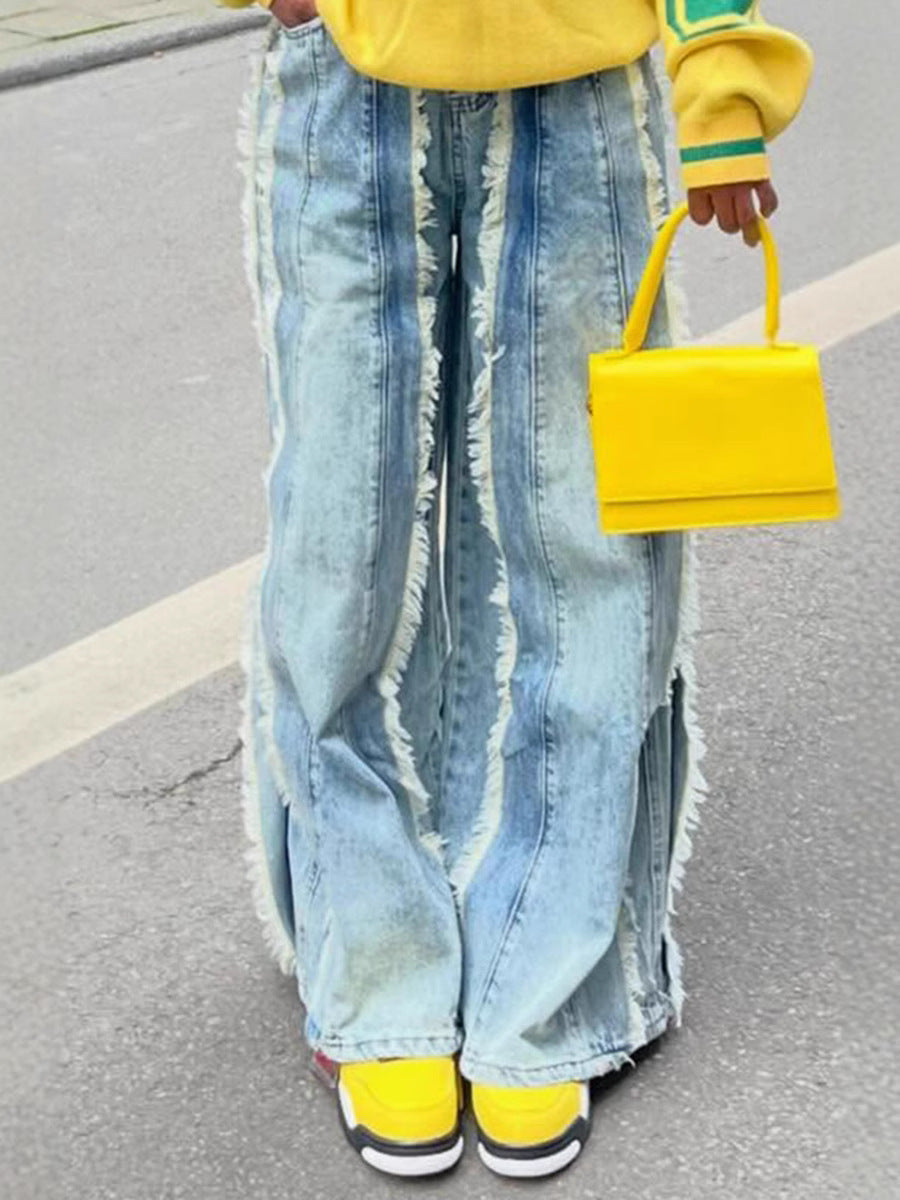 Women's Patchwork Fringe Raw Edge Denim Pants 5