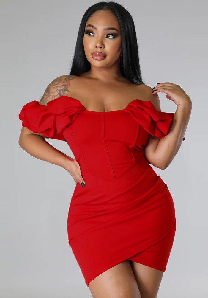 Fashion Ladies Solid Color Petal Sleeves Sexy Slim Waist Herringbone Dress