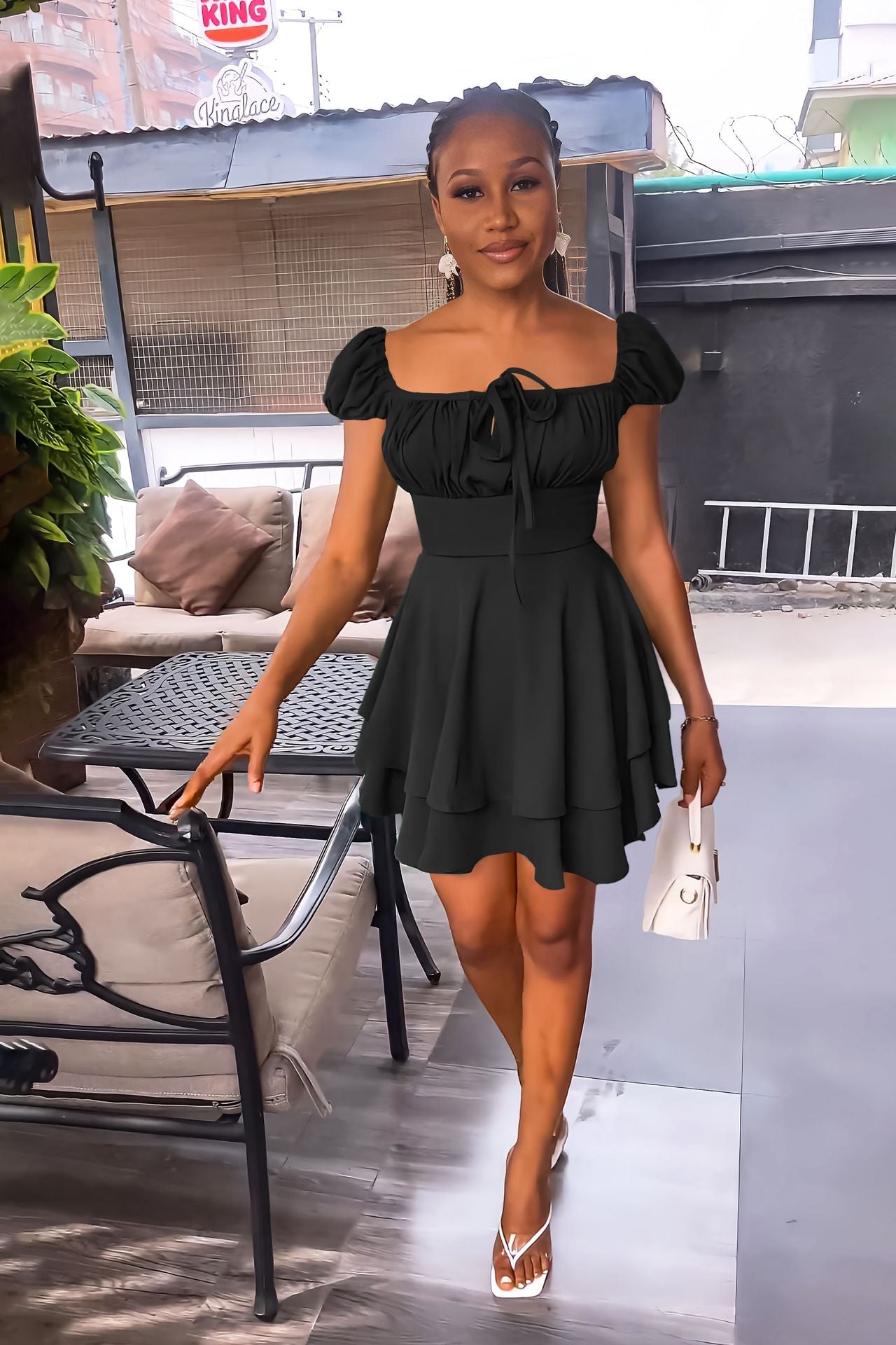 Square Neck Chic Ladiessummer High Waist Women's Mini Dress 3